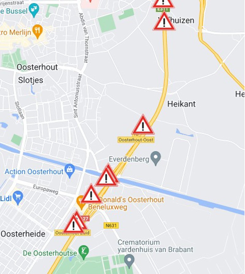 kaartje afsluiting A27 bij Oosterhout