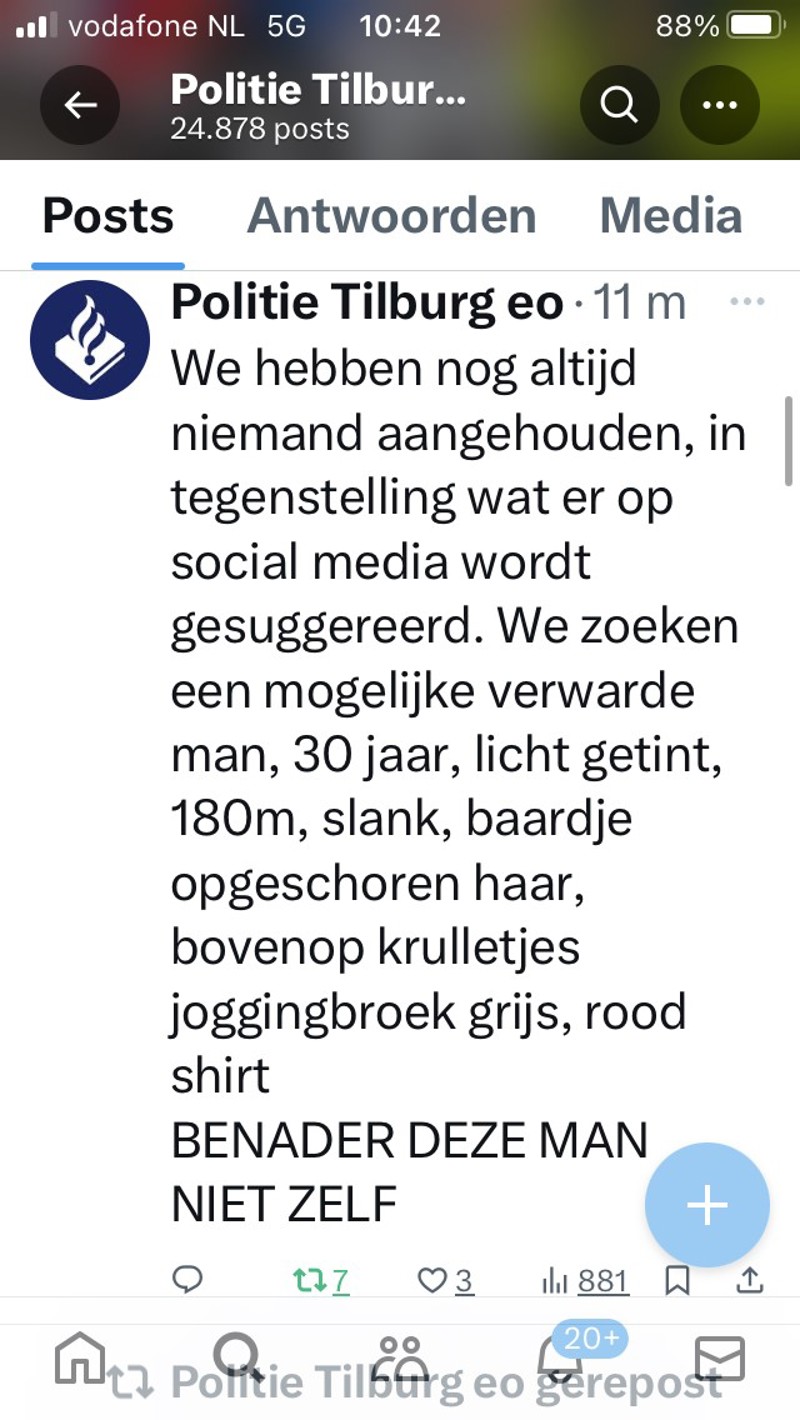 Politie twitterbericht met signalement man 