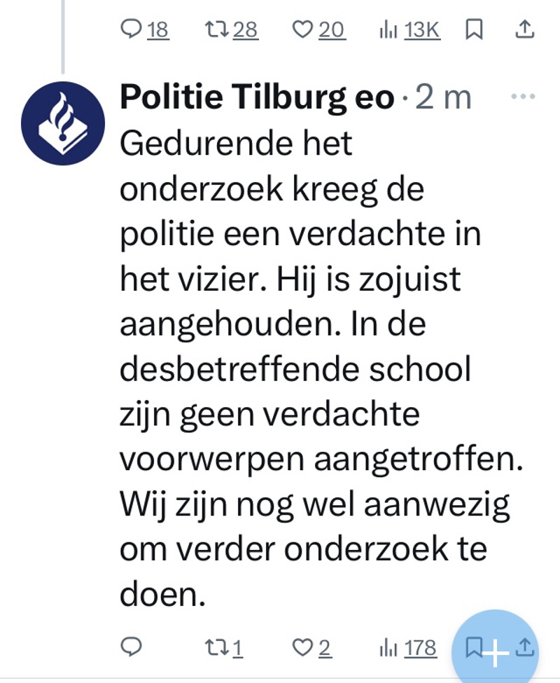 twitterbericht politie over aanhouding verdachte